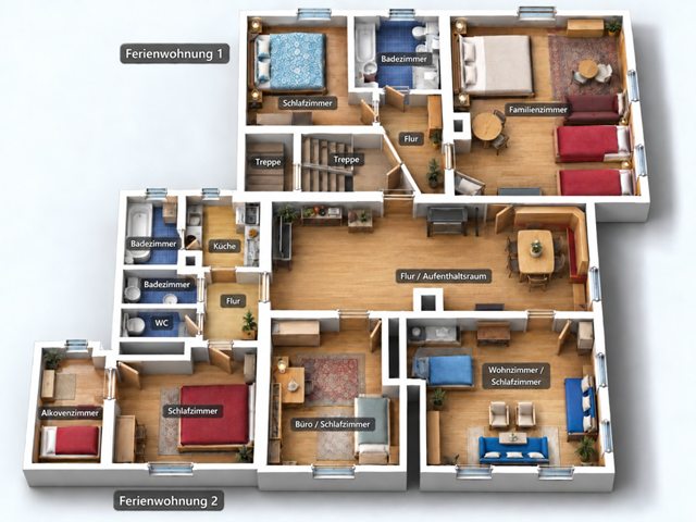 Grundriss 1. Obergeschoss mit Ferienwohnung 1 und Ferienwohnung 2