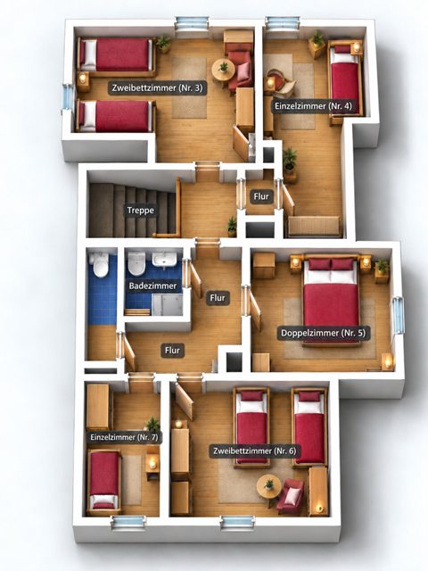 Grundriss Dachgeschoss mit den Zimmern Nr. 3 bis 7, Bad und WC