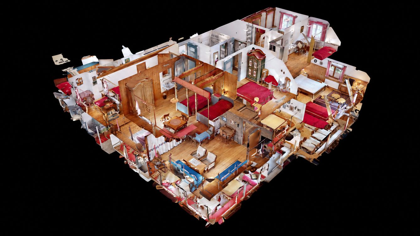 Dollhouse-Ansicht der Ruhmühle aus dem 3D-Scan mit allen Räumen