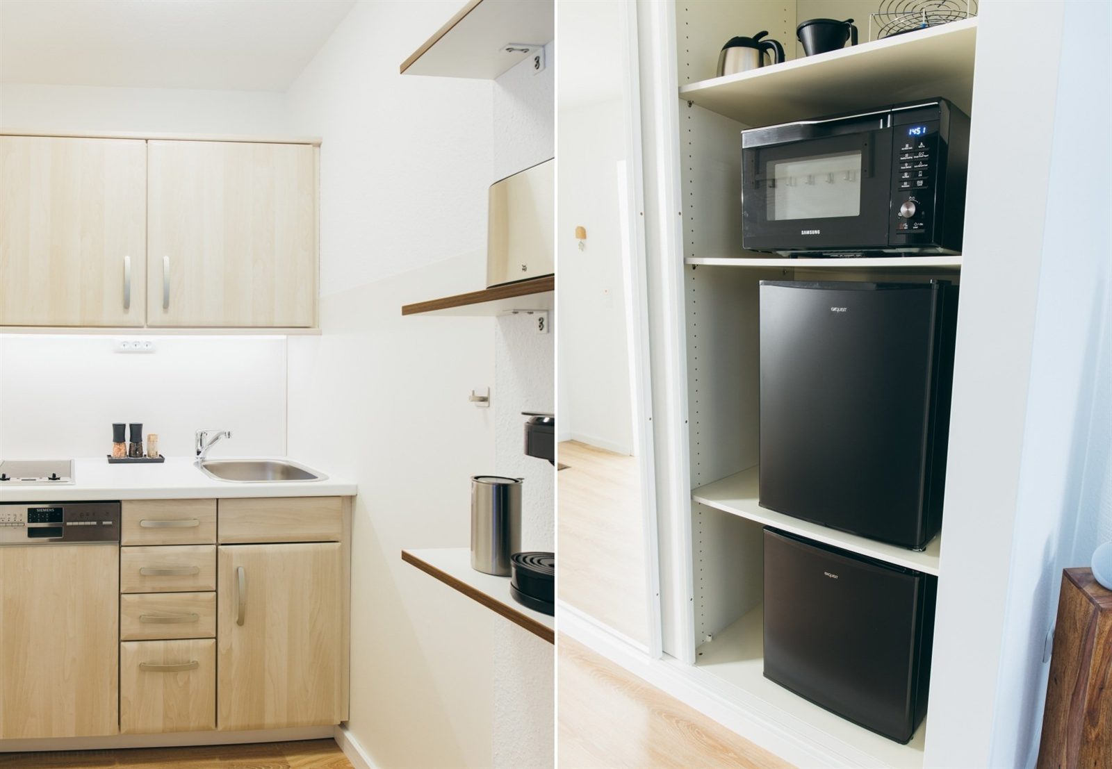 Küche · Spüle, Zweiplatten-Ceranfeld und Geschirrspüler, daneben Mikrowelle, Kühlschrank und Gefrierfach