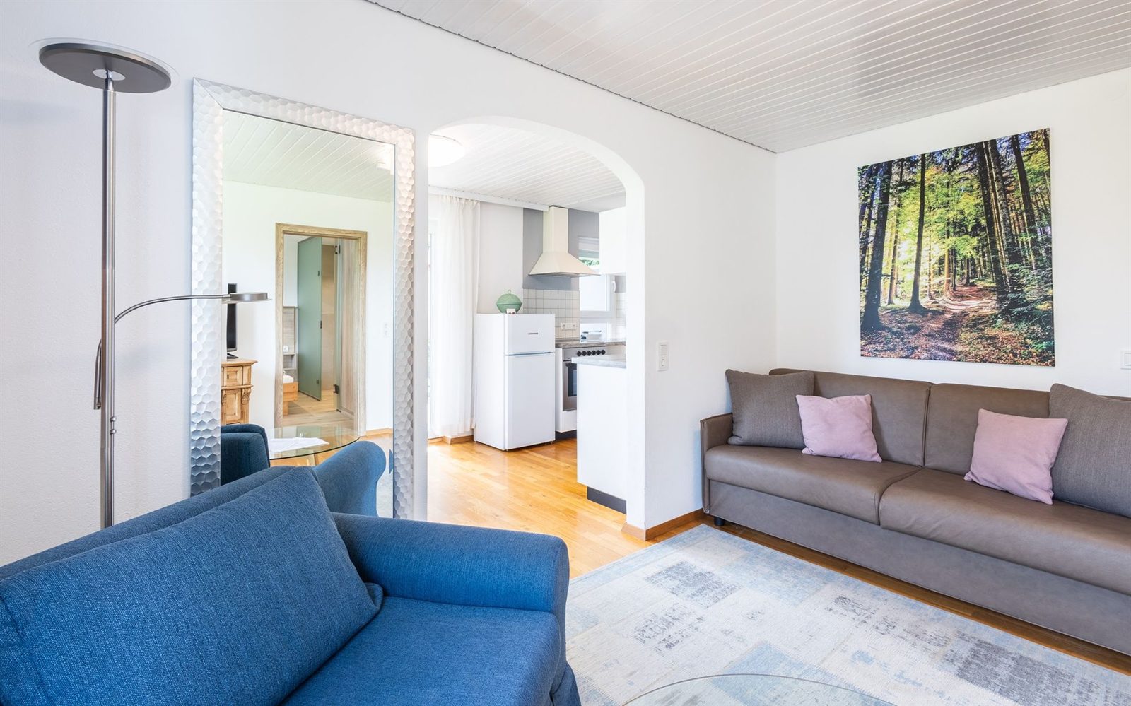 Wohnzimmer · Zwei Sofas, beide lassen sich ausklappen, dahinter der Durchgang zur Küche