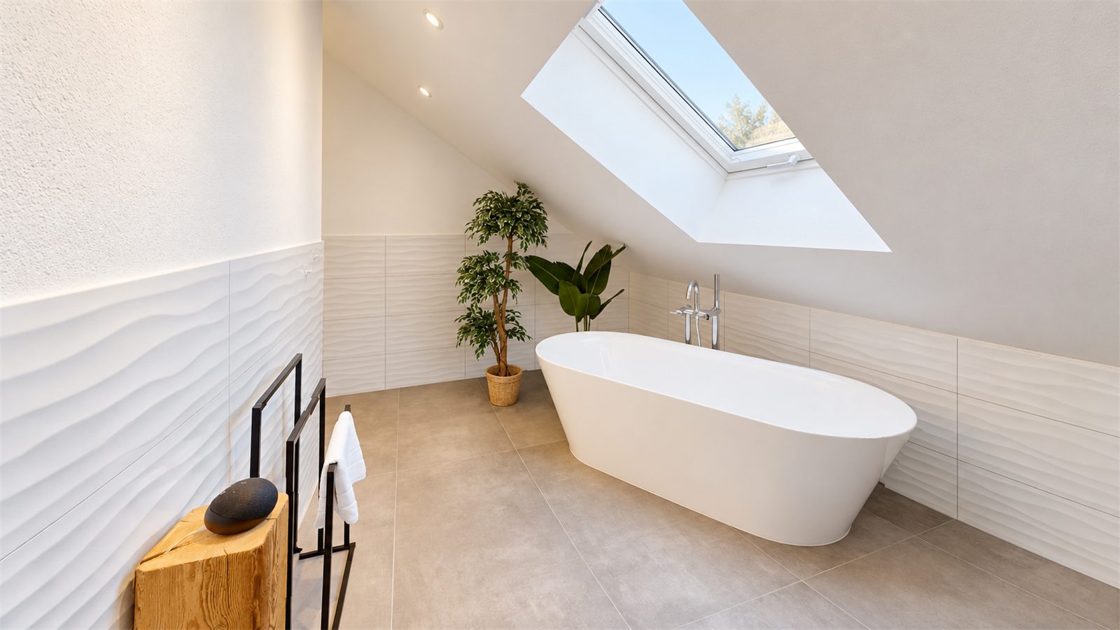 Freistehende Badewanne unter dem Dachfenster